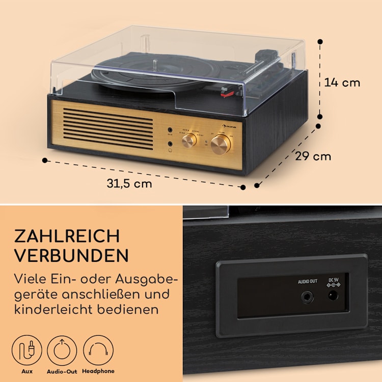 Berklee TT Classic Plattenspieler Riemenantrieb 33 1/3 & 45 U/min Stereo-Lautsprecher Schwarz