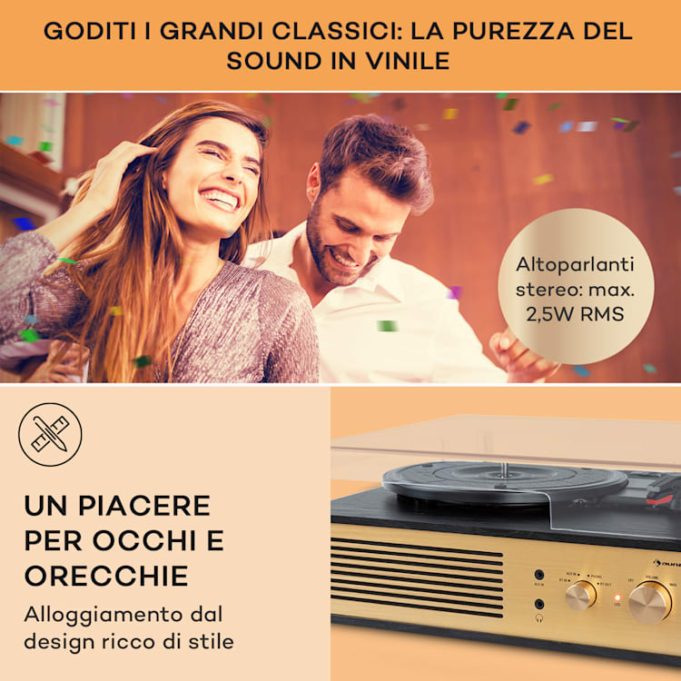 Berklee TT Classic - Giradischi, trazione a cinghia, 33 1/3 & 45 giri/minuto, diffusori stereo Legno nero