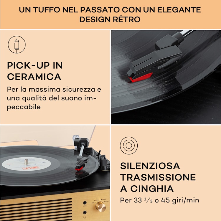 Berklee TT Classic - Giradischi, trazione a cinghia, 33 1/3 & 45 giri/minuto, diffusori stereo Legno nero