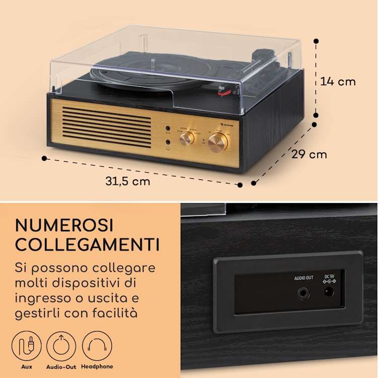 Berklee TT Classic - Giradischi, trazione a cinghia, 33 1/3 & 45 giri/minuto, diffusori stereo Legno nero