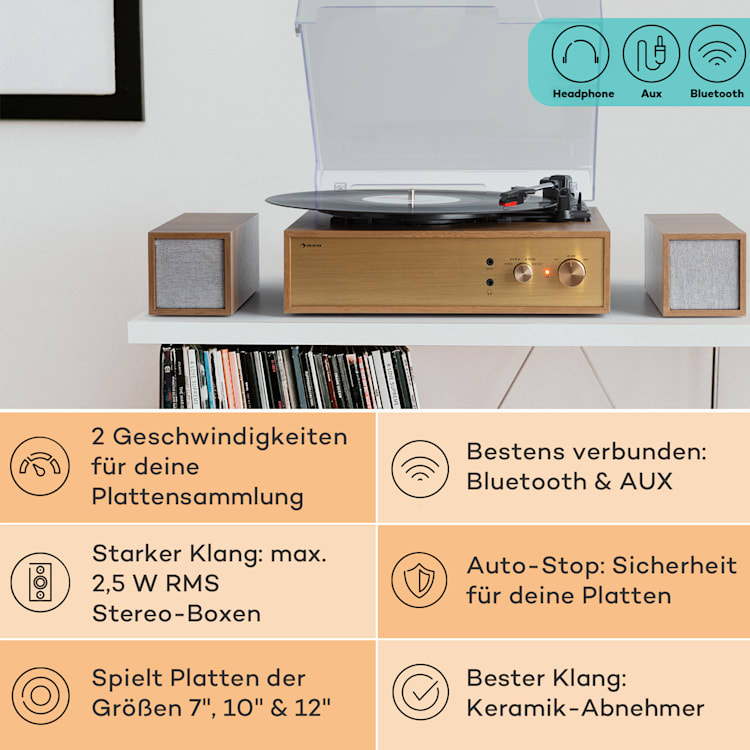 Berklee TT Play Plattenspieler Riemenantrieb 33 1/3 & 45 U/min Stereo-Lautsprecher Braun