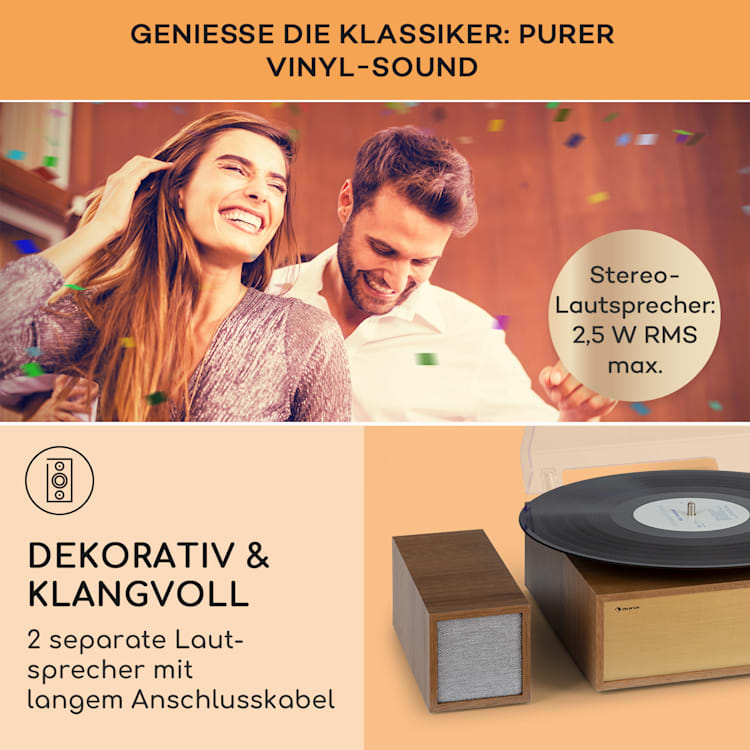 Berklee TT Play Plattenspieler Riemenantrieb 33 1/3 & 45 U/min Stereo-Lautsprecher Braun