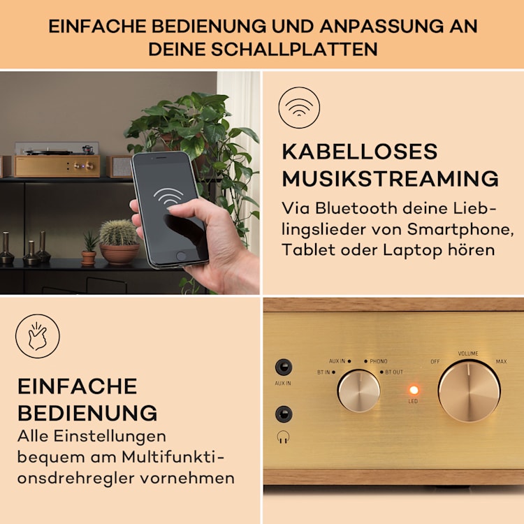 Berklee TT Play Plattenspieler Riemenantrieb 33 1/3 & 45 U/min Stereo-Lautsprecher Braun