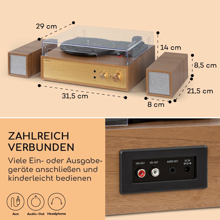 Berklee TT Play Plattenspieler Riemenantrieb 33 1/3 & 45 U/min Stereo-Lautsprecher Braun