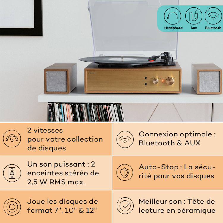 Platine vinyle Berklee TT Play entraînement par courroie 33 1/3 & 45 T/min enceintes stéréo Brun