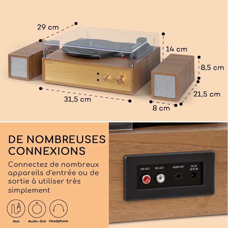 Platine vinyle Berklee TT Play entraînement par courroie 33 1/3 & 45 T/min enceintes stéréo Brun
