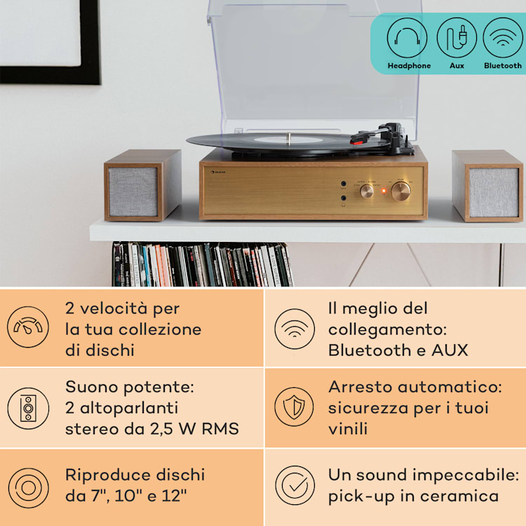 Berklee TT Play - Giradischi, trazione a cinghia, 33 1/3 & 45 giri/minuto, diffusori stereo Marrone