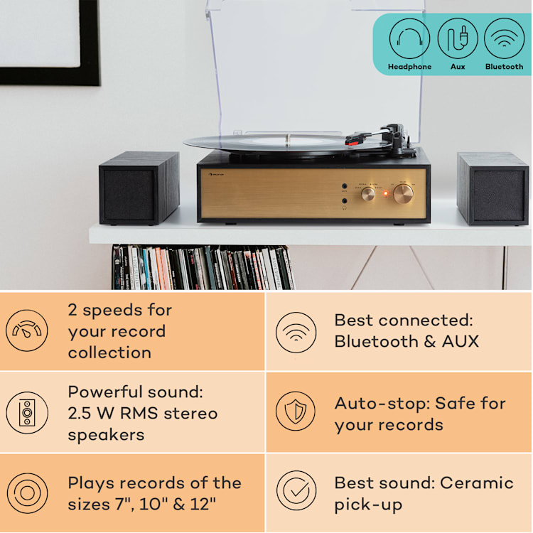 Berklee TT-Play Prime, gramofónový prehrávač, remeňový pohon, 33 1/3 a 45 otáčok/minútu, stereo reproduktory Čierna