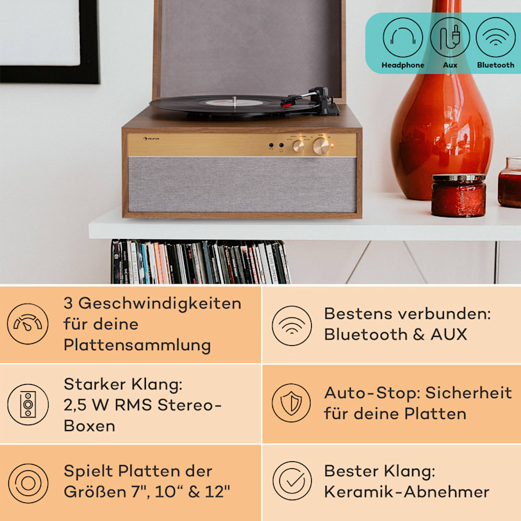 Berklee TT Case Plattenspieler Riemenantrieb 33,3 45 & 78 U/min Stereo Holz