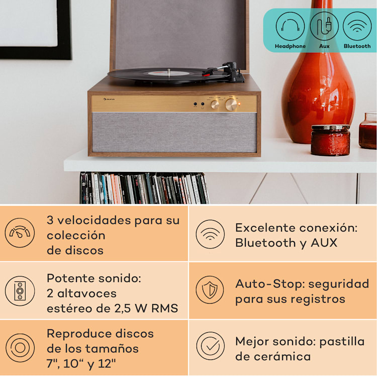 Berklee TT Case Tocadiscos Transmisión por correa 33 1/3 & 45 rpm Altavoz estéreo de madera madera