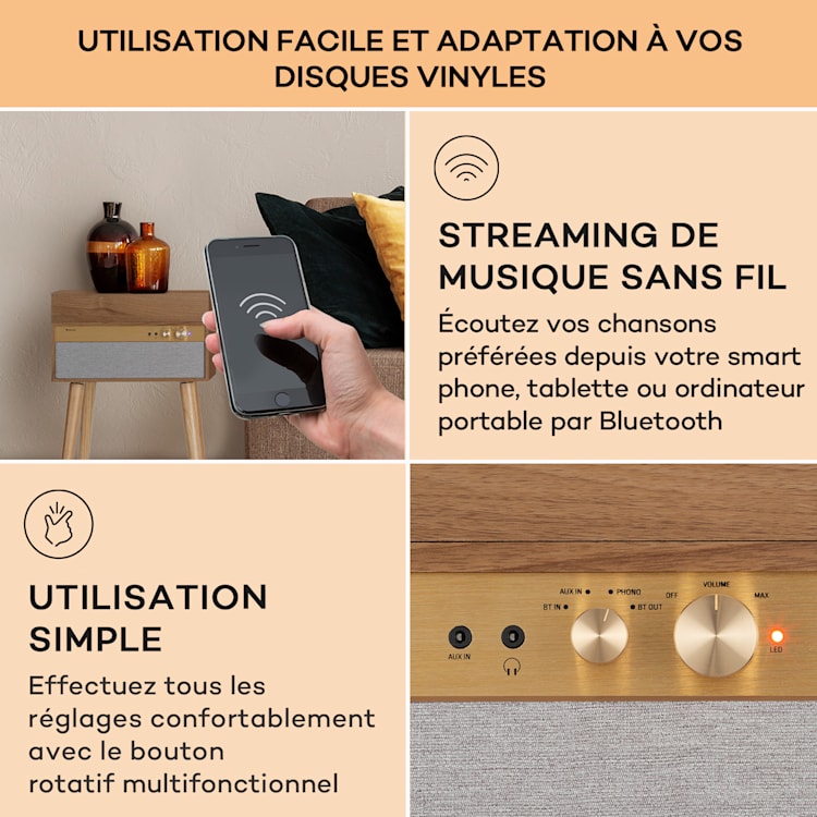 Platine vinyle Berklee TT Case entraînement par courroie 33 1/3 & 45 T/min enceintes stéréo bois bois