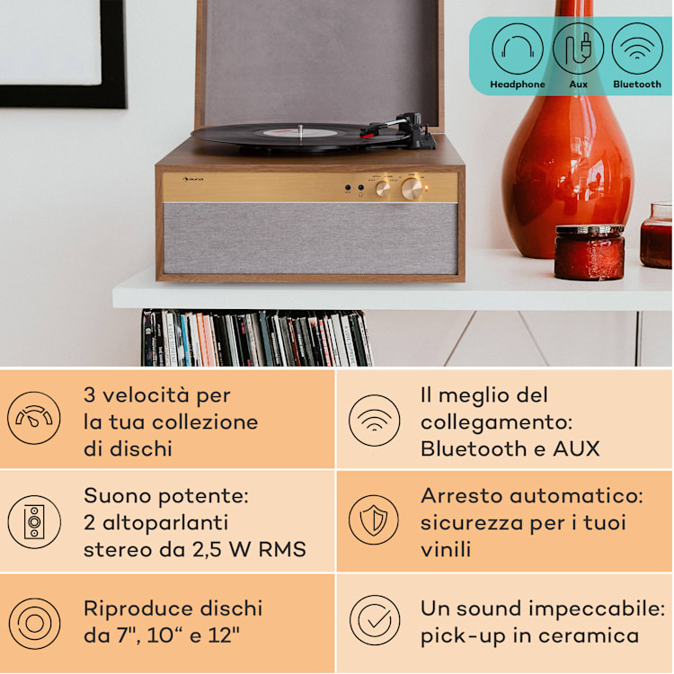 Berklee TT Case - Giradischi, trazione a cinghia, 33 1/3 & 45 giri/minuto, diffusori stereo, legno Di legno