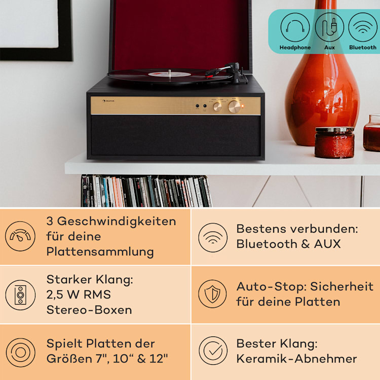 Berklee TT Case Plattenspieler Riemenantrieb 33 1/3, 45 & 78 U/min Stereo-Lautsprecher Holz Schwarz