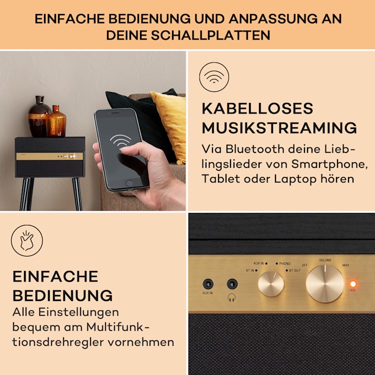 Berklee TT Case Plattenspieler Riemenantrieb 33 1/3, 45 & 78 U/min Stereo-Lautsprecher Holz Schwarz