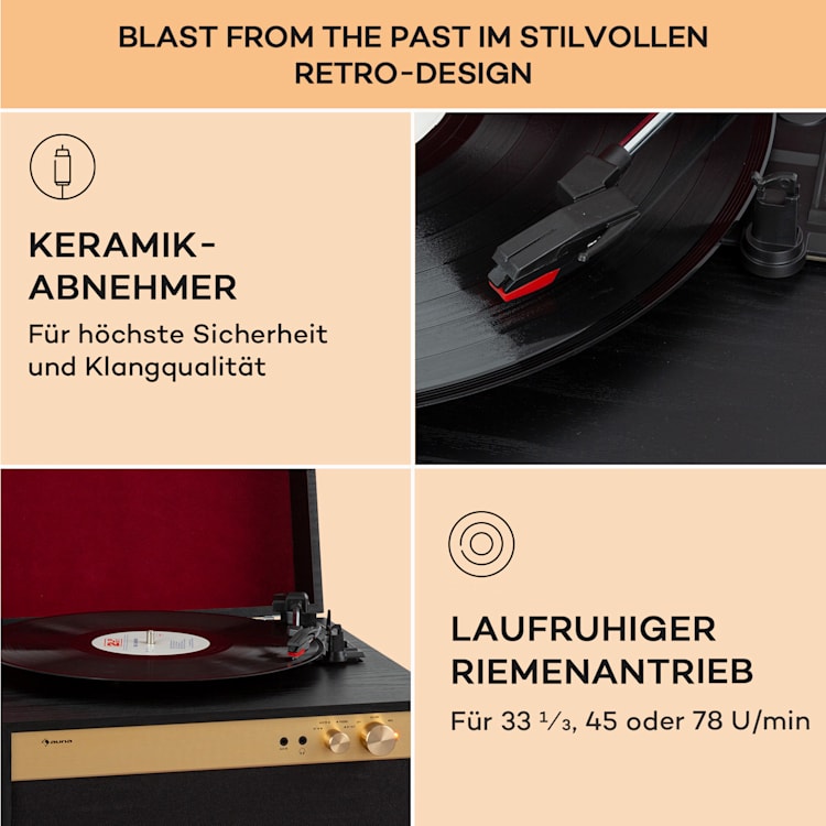 Berklee TT Case Plattenspieler Riemenantrieb 33 1/3, 45 & 78 U/min Stereo-Lautsprecher Holz Schwarz