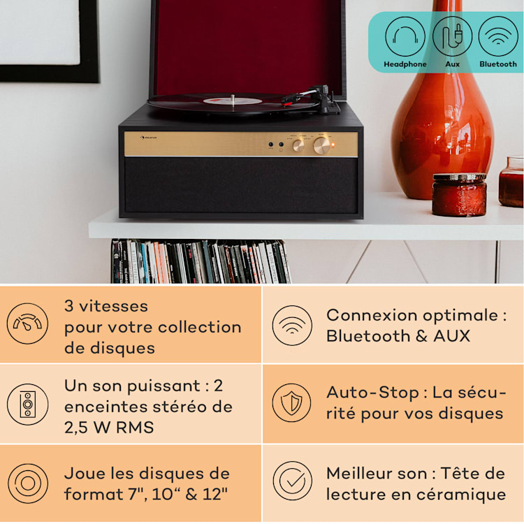 Platine vinyle Berklee TT Case entraînement par courroie 33 1/3 & 45 T/min enceintes stéréo bois Noir