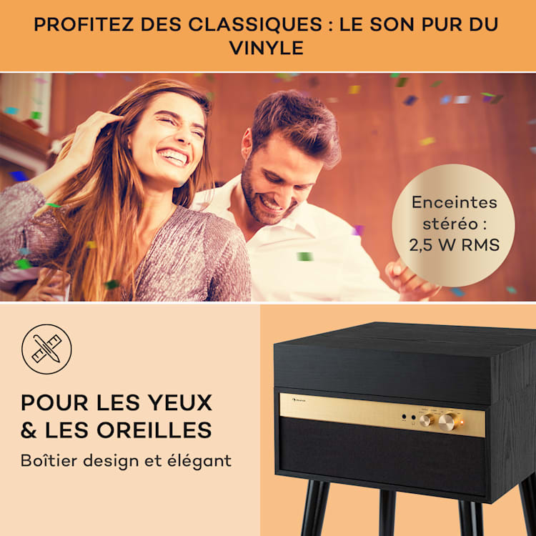 Platine vinyle Berklee TT Case entraînement par courroie 33 1/3 & 45 T/min enceintes stéréo bois Noir