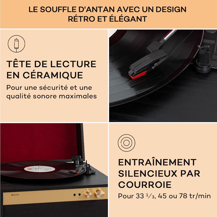 Platine vinyle Berklee TT Case entraînement par courroie 33 1/3 & 45 T/min enceintes stéréo bois Noir
