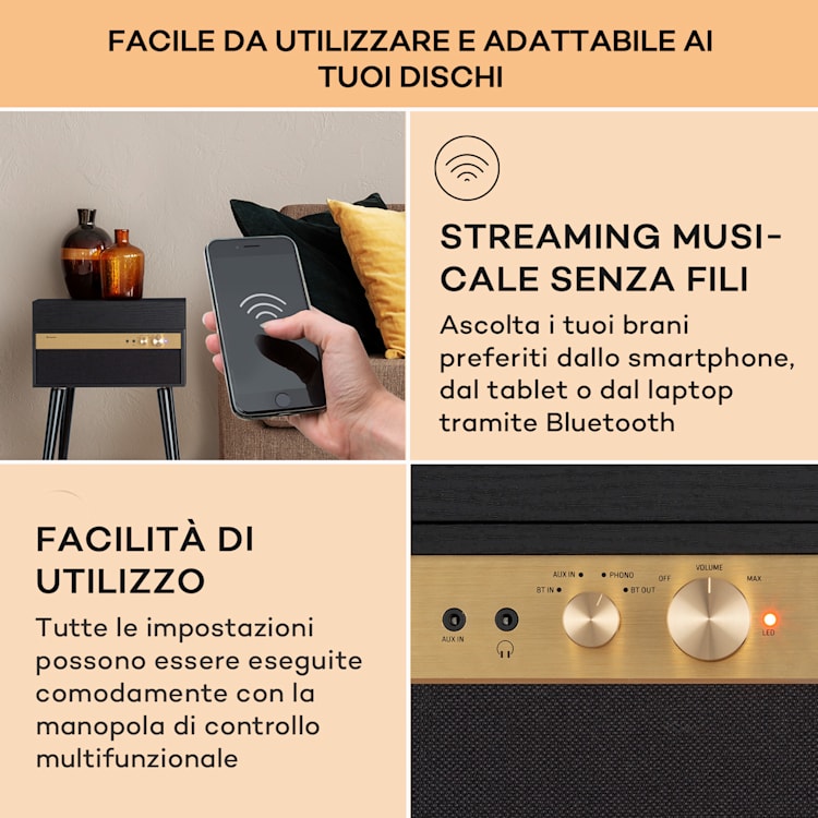 Berklee TT Case - Giradischi, trazione a cinghia, 33 1/3 & 45 giri/minuto, diffusori stereo, legno Legno nero
