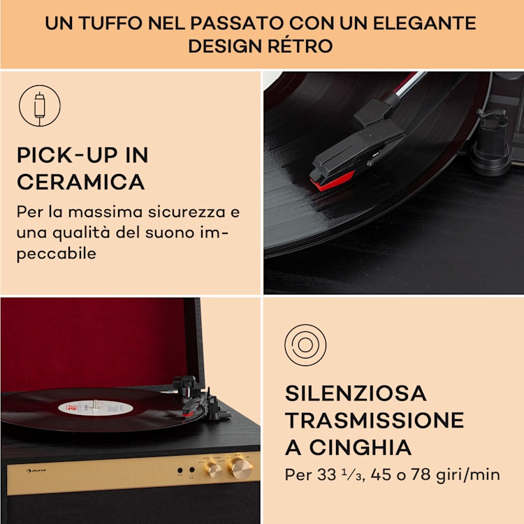 Berklee TT Case - Giradischi, trazione a cinghia, 33 1/3 & 45 giri/minuto, diffusori stereo, legno Legno nero
