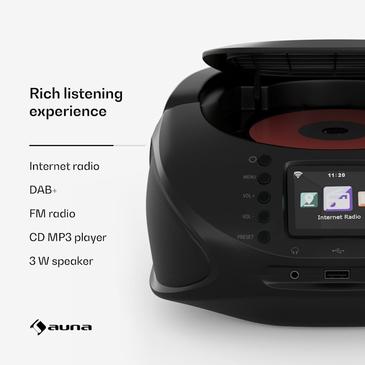 Roadie Smart IR/DAB/BT/CD/MP3 Boombox USB DAB+/Internet/FM Radio CD/MP3-speler 3W Bluetooth draagbaar Zwart