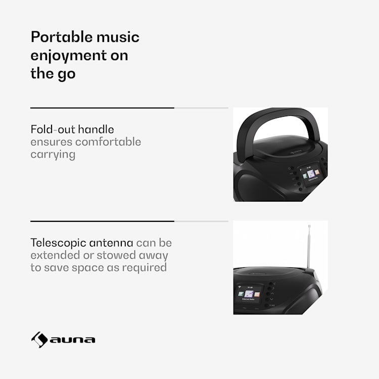 Roadie Smart IR/DAB/BT/CD/MP3 Boombox USB DAB+/Internet/FM Radio CD/MP3-speler 3W Bluetooth draagbaar Zwart