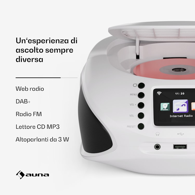 Roadie Smart IR/DAB/BT/CD/MP3 - Boombox USB, radio DAB+/web/FM, lettore CD/MP3, 3W, Bluetooth, portatile Bianco