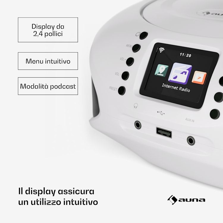 Roadie Smart IR/DAB/BT/CD/MP3 - Boombox USB, radio DAB+/web/FM, lettore CD/MP3, 3W, Bluetooth, portatile Bianco