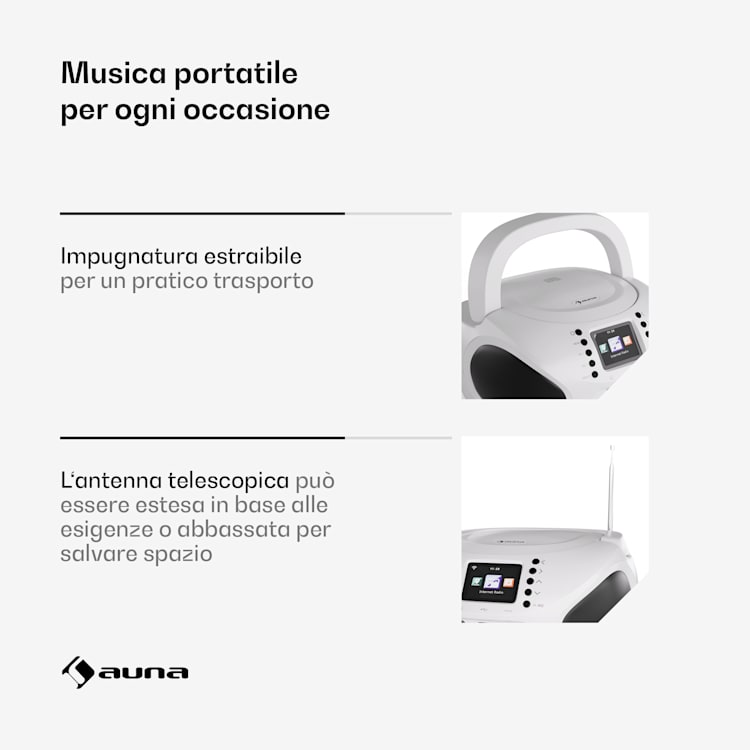 Roadie Smart IR/DAB/BT/CD/MP3 - Boombox USB, radio DAB+/web/FM, lettore CD/MP3, 3W, Bluetooth, portatile Bianco