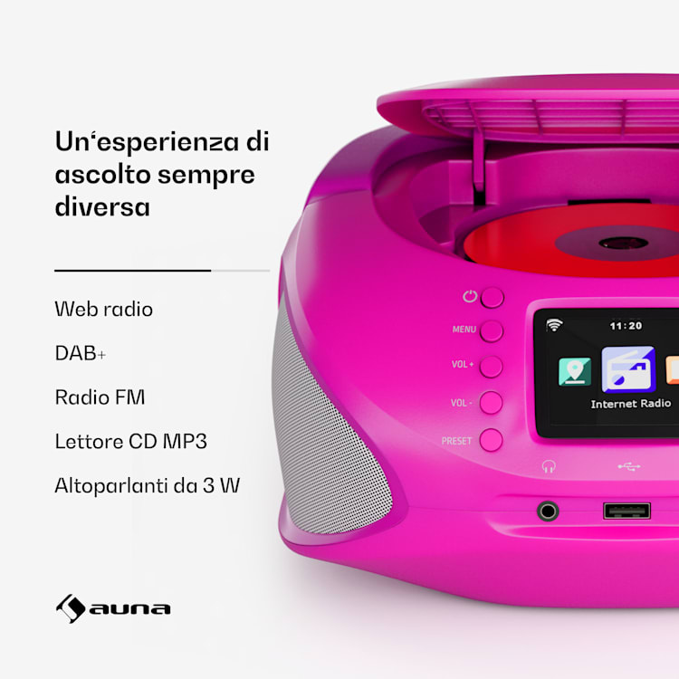 Roadie Smart IR/DAB/BT/CD/MP3 - Boombox USB, radio DAB+/web/FM, lettore CD/MP3, 3W, Bluetooth, portatile Rosa intenso