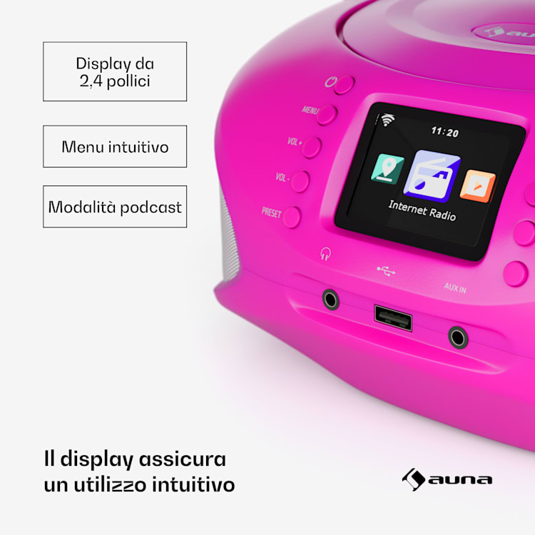 Roadie Smart IR/DAB/BT/CD/MP3 - Boombox USB, radio DAB+/web/FM, lettore CD/MP3, 3W, Bluetooth, portatile Rosa intenso