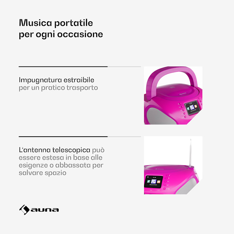 Roadie Smart IR/DAB/BT/CD/MP3 - Boombox USB, radio DAB+/web/FM, lettore CD/MP3, 3W, Bluetooth, portatile Rosa intenso