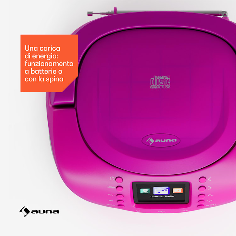 Roadie Smart IR/DAB/BT/CD/MP3 - Boombox USB, radio DAB+/web/FM, lettore CD/MP3, 3W, Bluetooth, portatile Rosa intenso