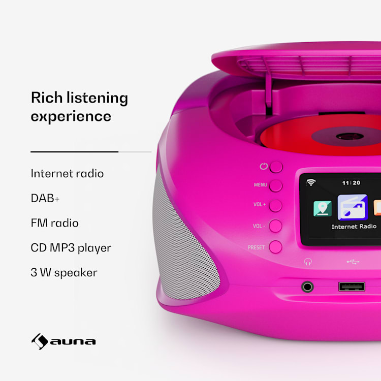 Roadie Smart IR/ DAB/ BT/ CD/ MP3 boombox USB DAB+/ internet/ FM radio CD/ MP3-speler 3W bluetooth draagbaar Deep Pink
