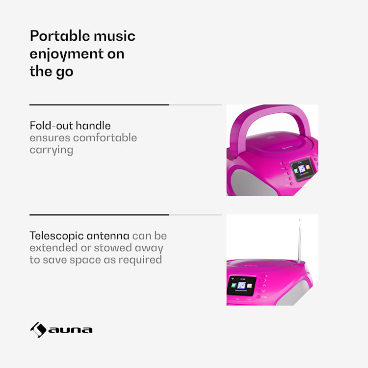 Roadie Smart IR/ DAB/ BT/ CD/ MP3 boombox USB DAB+/ internet/ FM radio CD/ MP3-speler 3W bluetooth draagbaar Deep Pink