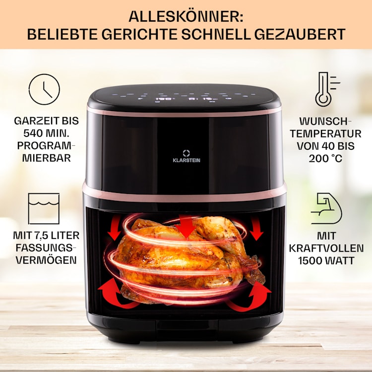 Air Bloom Heißluftfritteuse mit Dampffunktion 1500W 7,5 Liter 16 Programme Schwarz