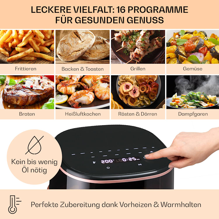Air Bloom Heißluftfritteuse mit Dampffunktion 1500W 7,5 Liter 16 Programme Schwarz