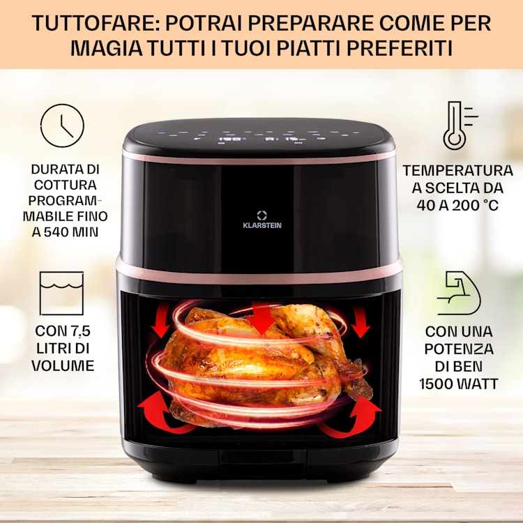 Air Bloom friggitrice ad aria calda con funzione vapore, 1500W, 7,5 litri, 16 programmi Nero