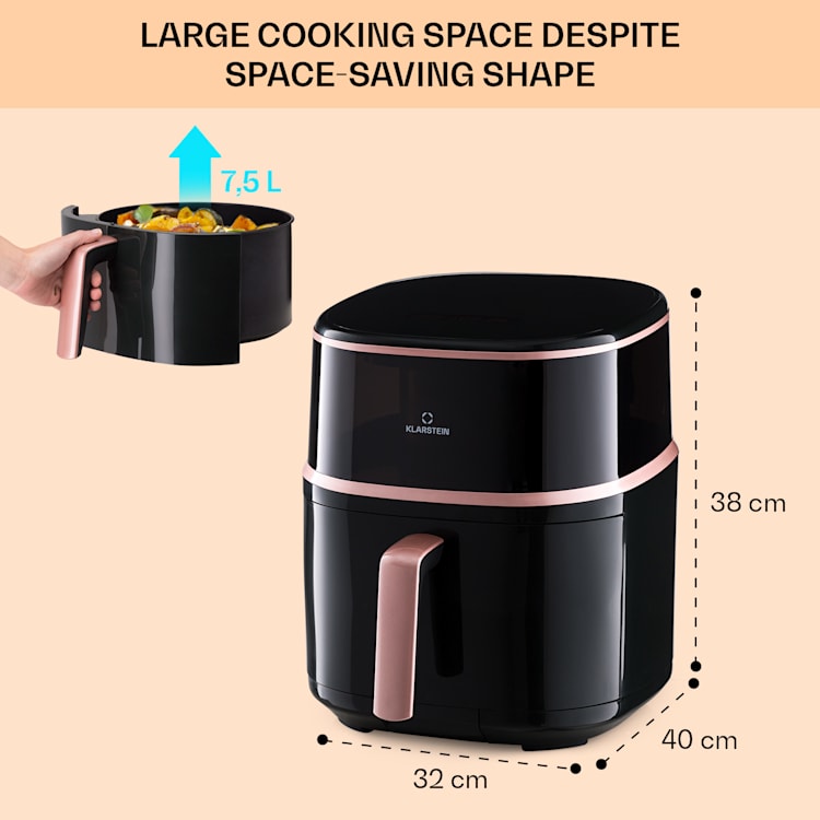 Air Bloom, фритюрник с горещ въздух, с функция за готвене на пара, 1500W, 7,5 литра, 16 програми Черно