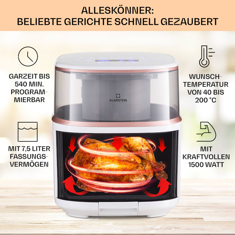 Air Bloom Heißluftfritteuse Dampffunktion 1500W 7,5 Liter 16 Programme Weiß