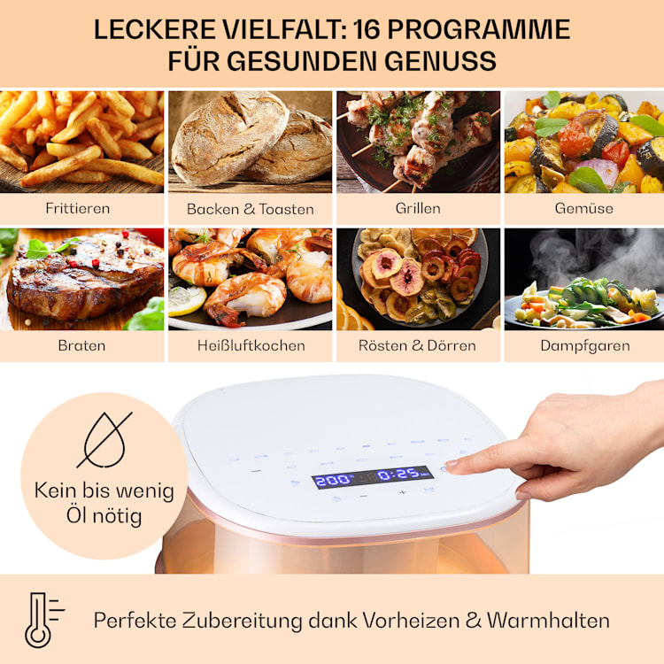 Air Bloom Heißluftfritteuse Dampffunktion 1500W 7,5 Liter 16 Programme Weiß