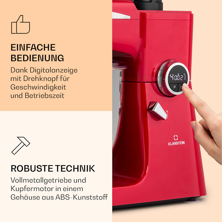 Renata Rossa Küchenmaschine 3-in-1 2000W 2,7PS 5Ltr Edelstahl BPA-frei Rot