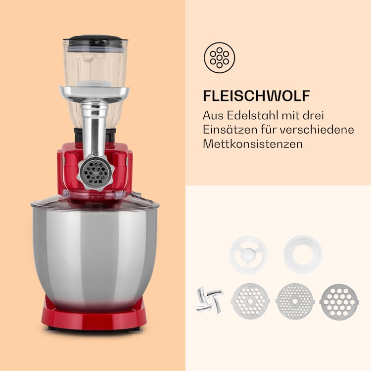 Renata Rossa Küchenmaschine 3-in-1 2000W 2,7PS 5Ltr Edelstahl BPA-frei Rot