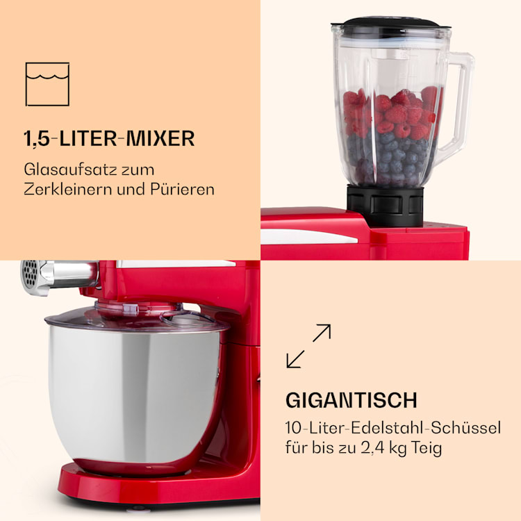 Renata Rossa Küchenmaschine 3-in-1 2000W 2,7PS 5Ltr Edelstahl BPA-frei Rot