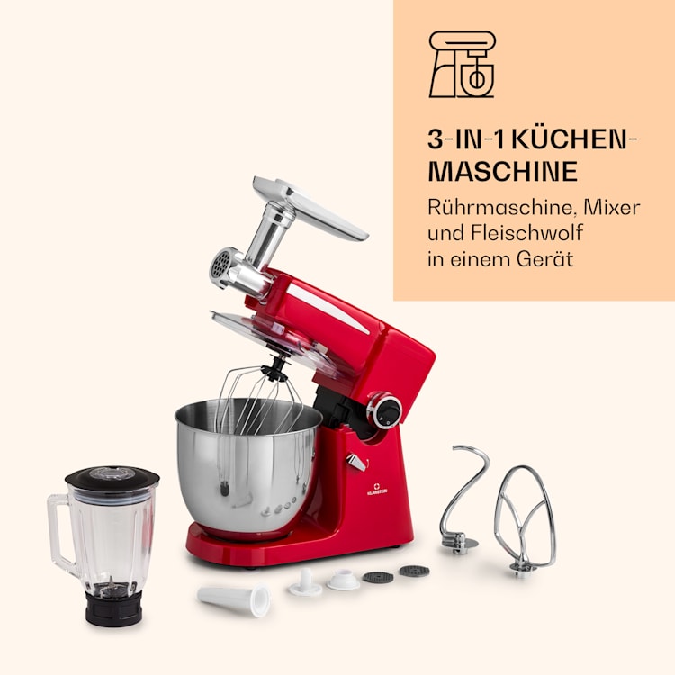 Renata Rossa Küchenmaschine 3-in-1 2000W 2,7PS 5Ltr Edelstahl BPA-frei Rot