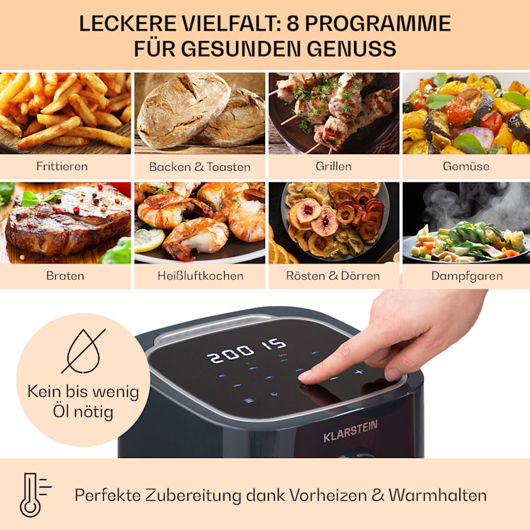 Crisp-Pro Heißluftfritteuse Air Fryer 1400W 2,8 Ltr Timer Edelstahl Grau