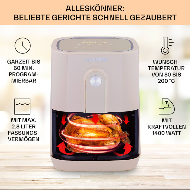 Crisp-Pro Heißluftfritteuse Air Fryer 1400W 2,8 Ltr Timer Edelstahl Sand