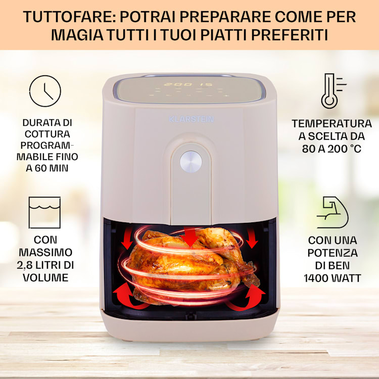 Crisp-Pro friggitrice ad aria calda Air Fryer 1400W, 2,8 litri, 8 programmi, timer, acciaio inox Sabbia
