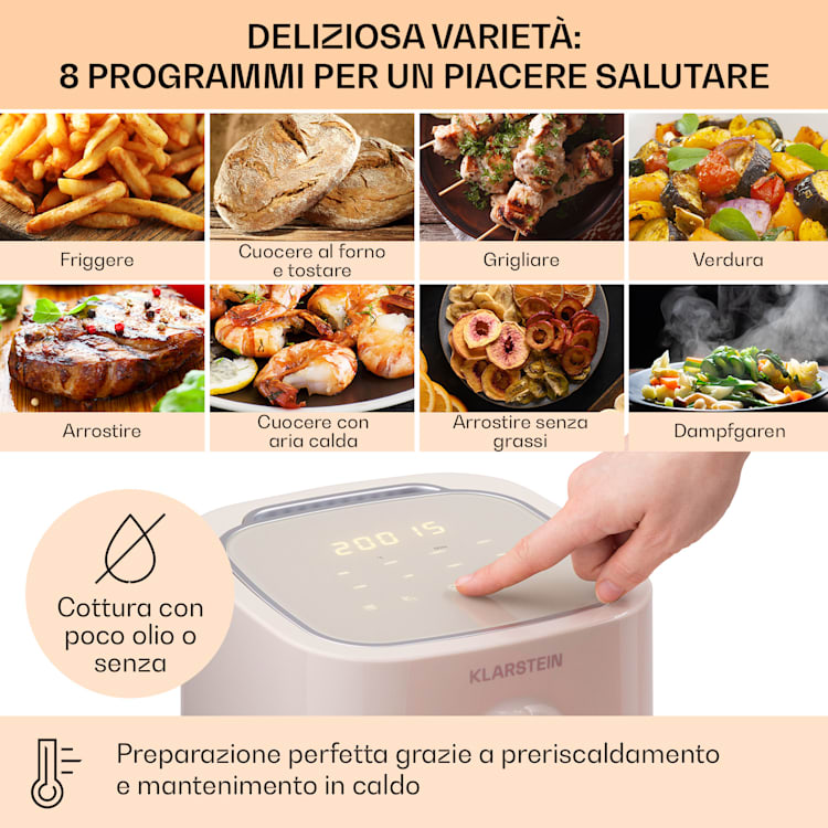 Crisp-Pro friggitrice ad aria calda Air Fryer 1400W, 2,8 litri, 8 programmi, timer, acciaio inox Sabbia