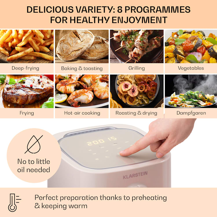 Crisp-Pro kuumailmakeitin Air Fryer 1400 W 2,8 litraa 8 ohjelmaa ajastin ruostumatonta terästä Hiekka